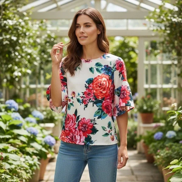 Jade Women's Top - Red and Cream Floral NWT Size XS - Picture 3 of 10